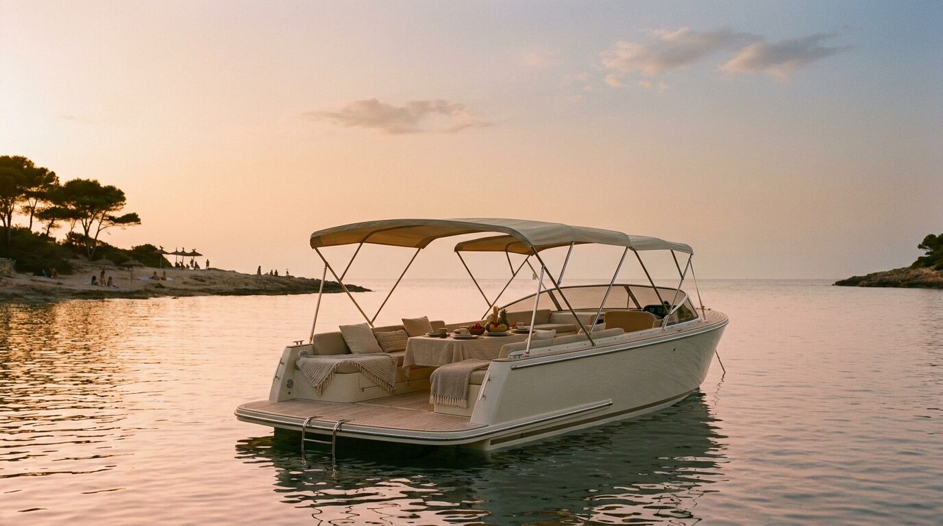 Barco eléctrico Baobab fondeado en una cala balear al atardecer, experiencia de alquiler en silencio